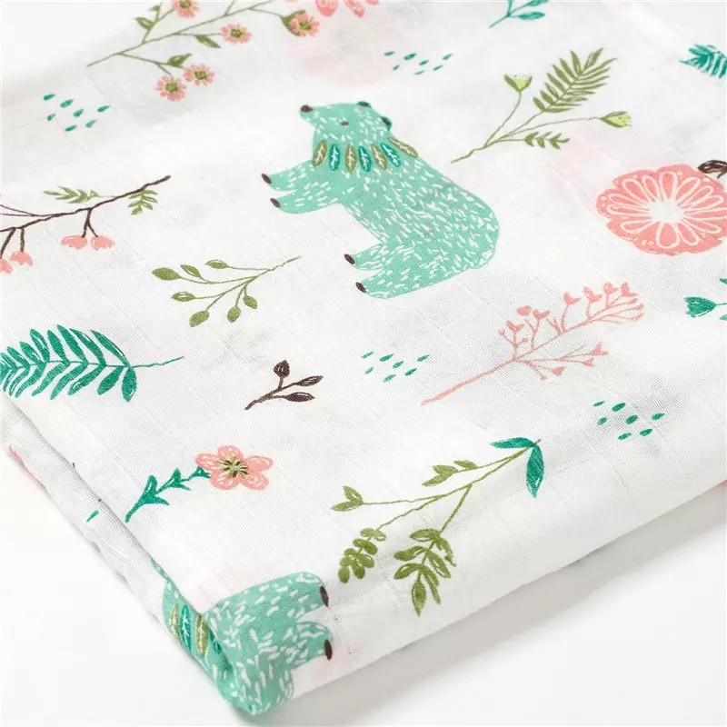 Super Soft Bamboo Organic cotton Muslin Baby Swaddle Blanket Green bear